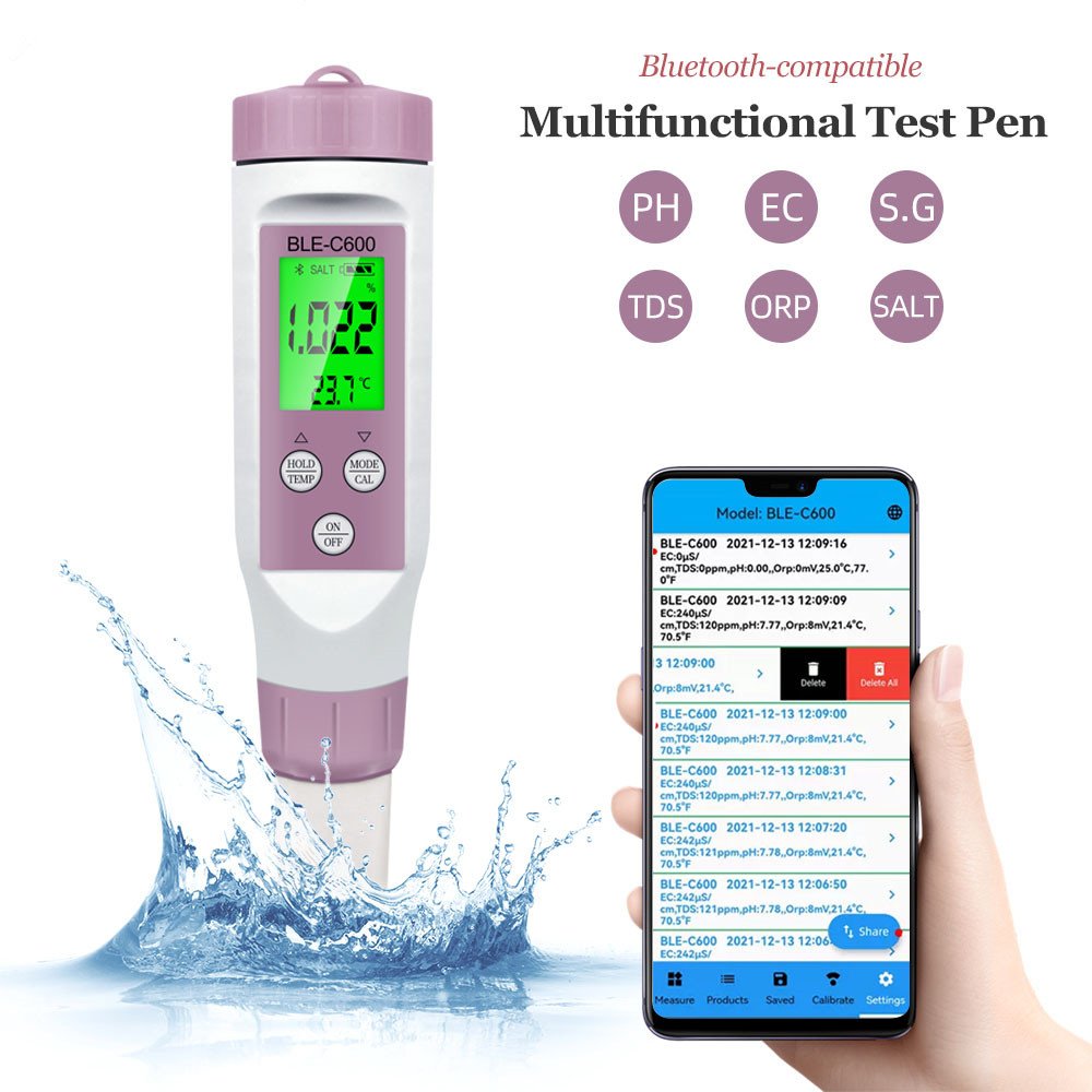 Portable 7 in 1 Digital Online Water Quality Meter BT TDS EC ORP S.G Salinity Temperature PH ATC Temperature Compensation