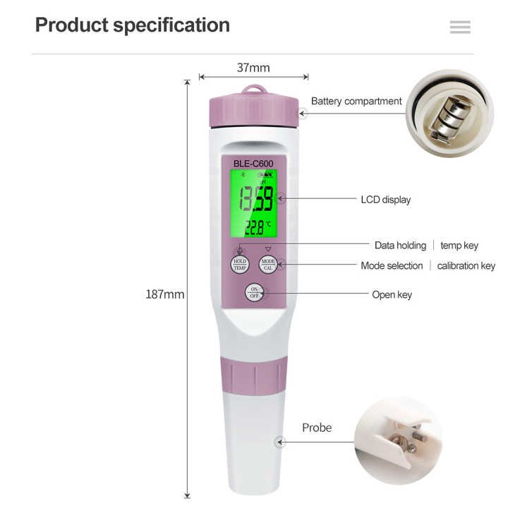 Portable 7 in 1 Digital Online Water Quality Meter BT TDS EC ORP S.G Salinity Temperature PH ATC Temperature Compensation