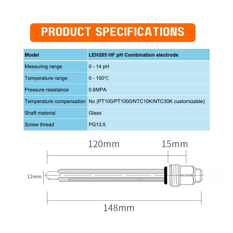 High Quality HF pH Electrode Glass Body Hydrofluoric Acid Inline pH Probe PG13.5 Thread For Semiconductor Industrial Wastewater