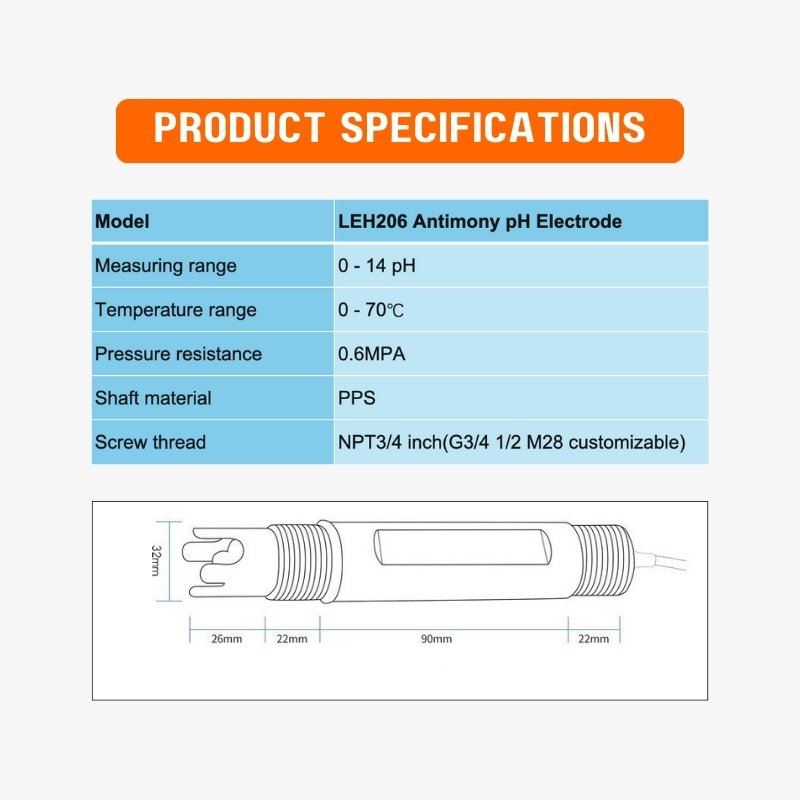 Industrial HF Antimony pH Electrode PPS Material Hydrofluoric Acid Inline pH Probe NPT3/4 Customizable Connector Semiconductor