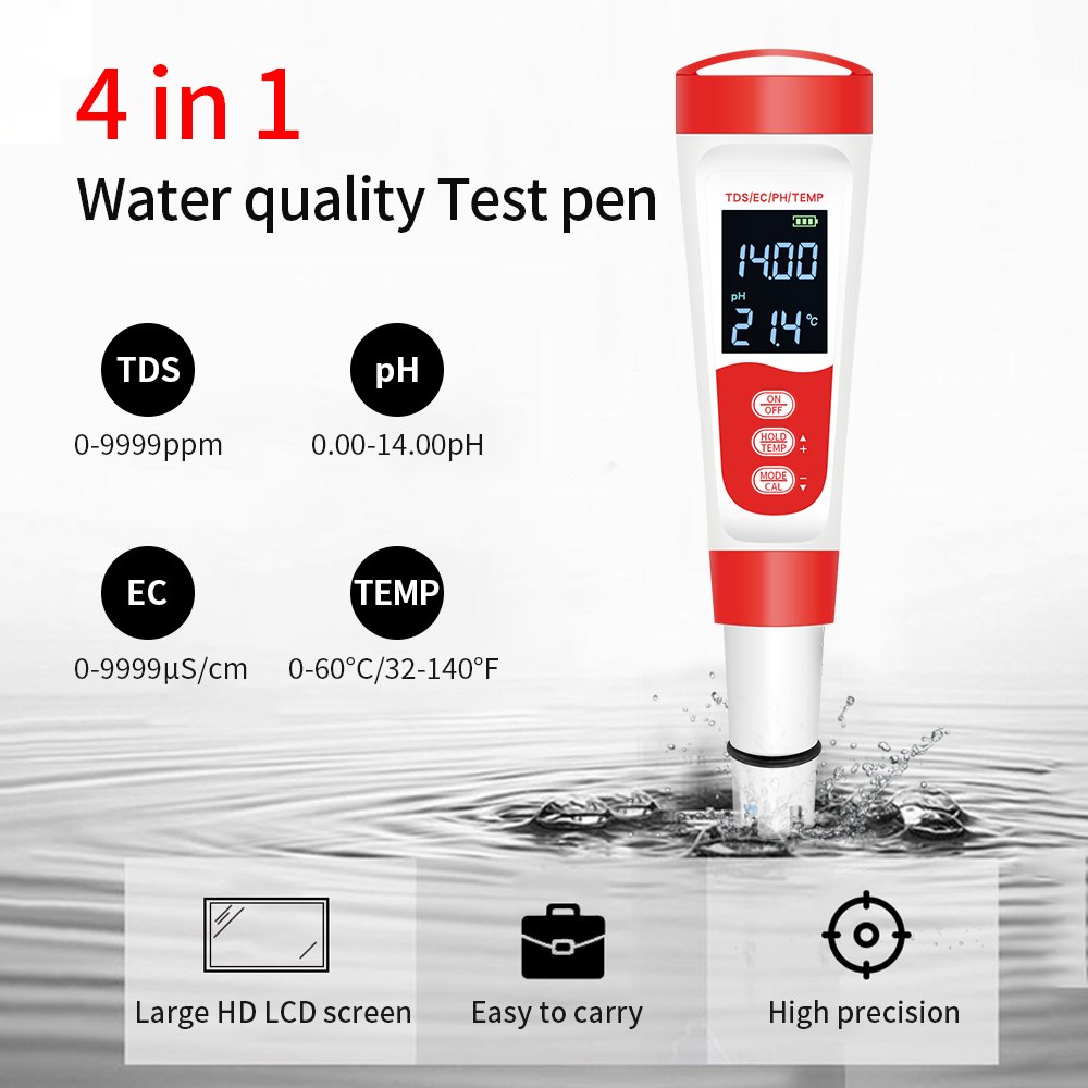 High Precision Water Quality Detector LCD Digital TDS EC Temp PH 4 In 1 Water Test Pen For Aquaculture Hydroponics