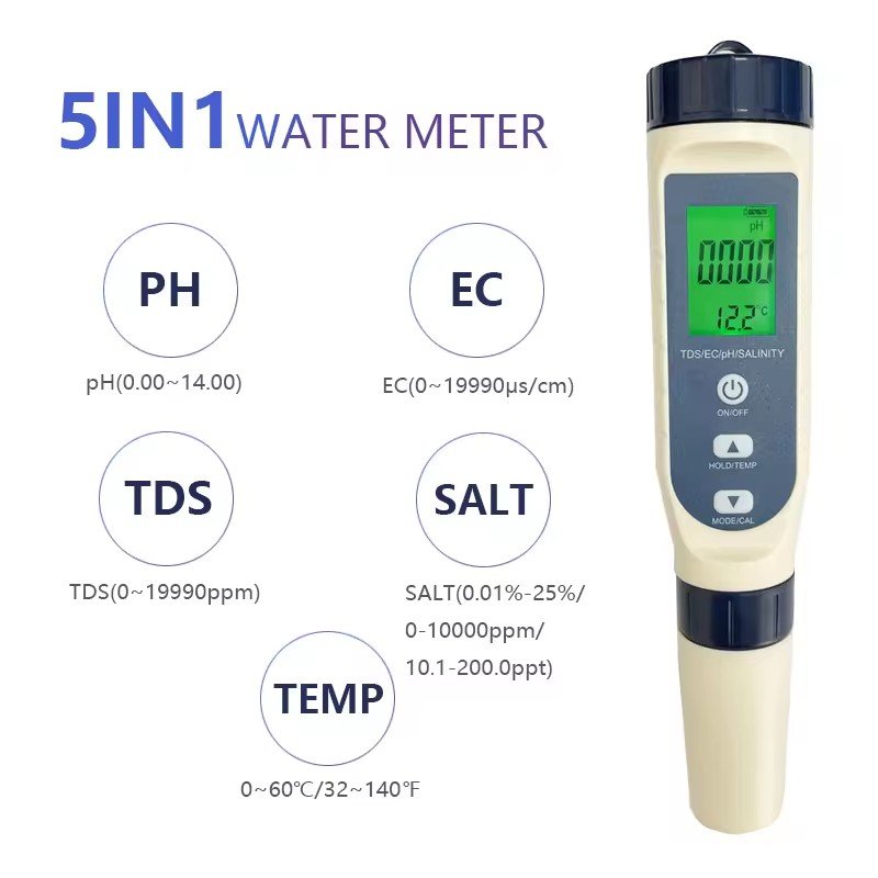 Portable 5 In 1 Tds/ec/ph/salinity/temp Water Quality Tester For Swimming Pool