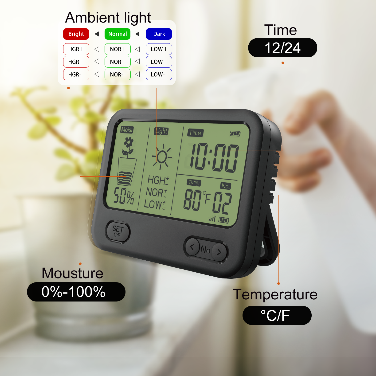 4in1 Plant Moisture Meter with 200ft RF Wireless Waterproof & LCD Display for Moisture Light White Soil Ph Meters For Home