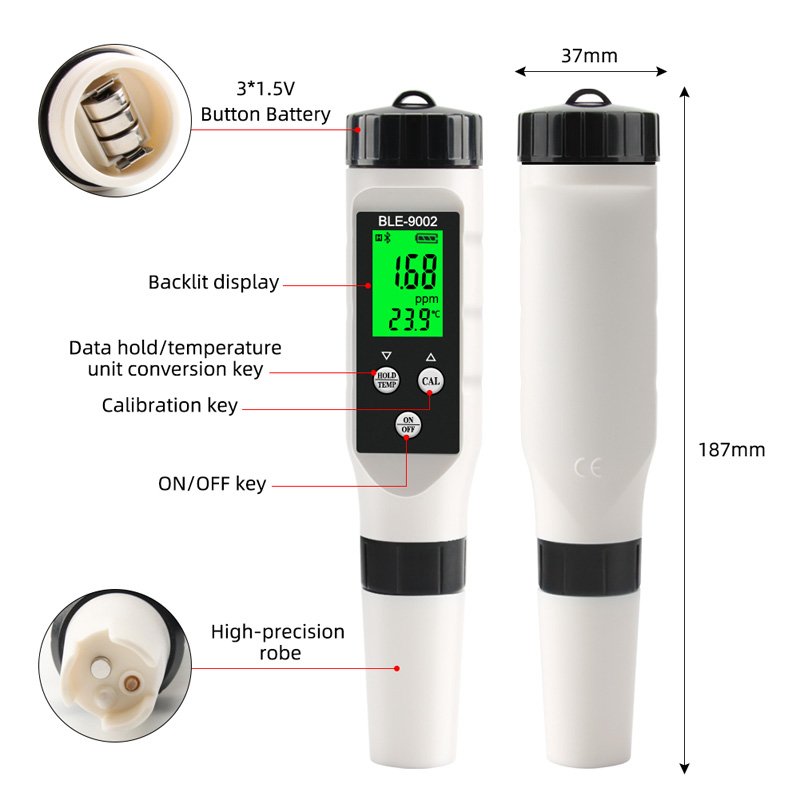 9002 Bluetooth High Quality PH Meter 2 in1 H2/Temp Water Quality Tester Pen Conductivity Detector Monitor Purity Measure Tool