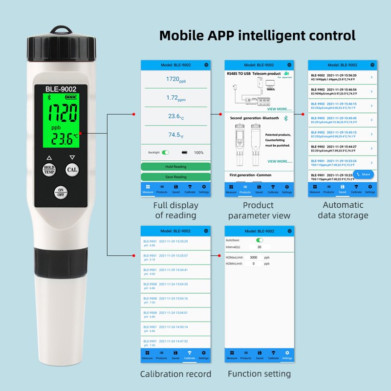9002 Bluetooth High Quality PH Meter 2 in1 H2/Temp Water Quality Tester Pen Conductivity Detector Monitor Purity Measure Tool