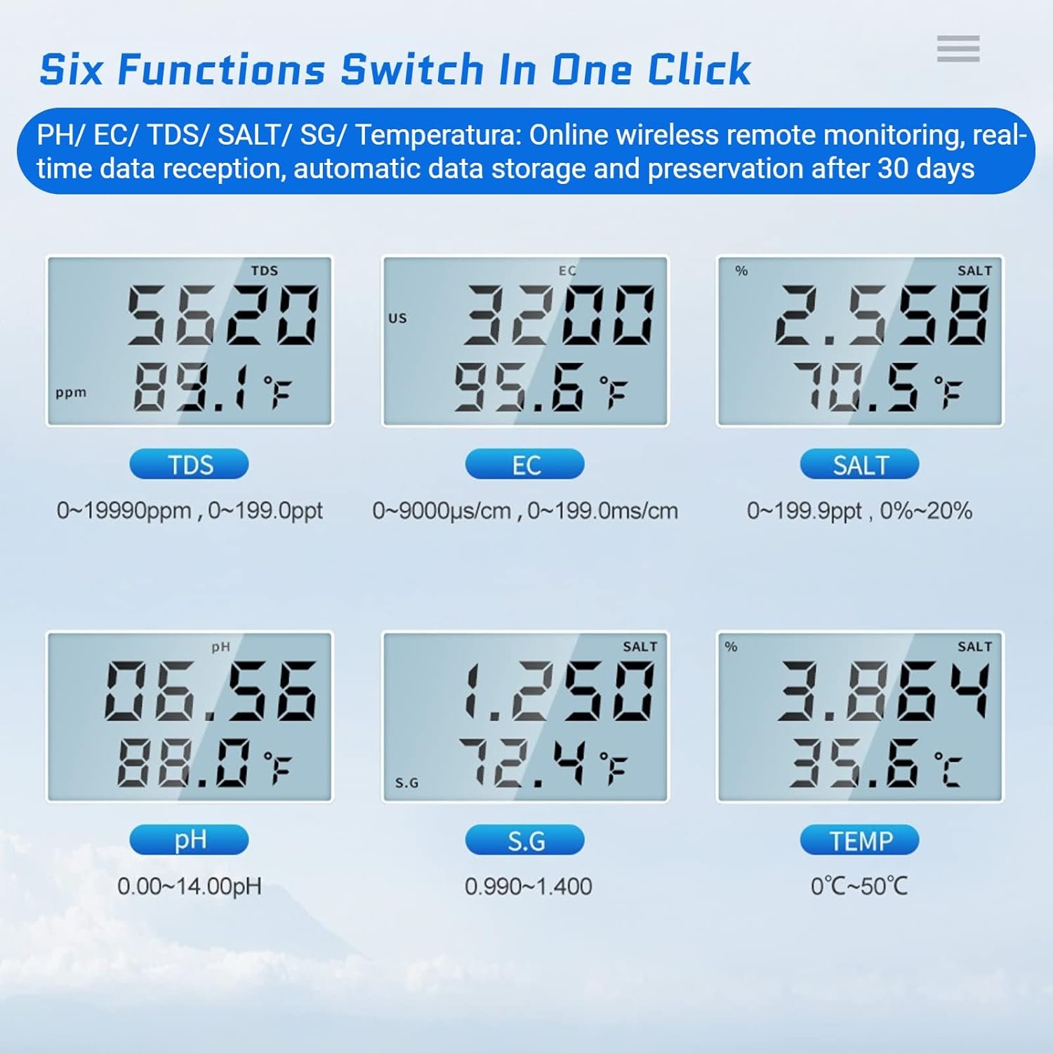6 in 1 PH EC TDS SALT SG Temperature Meter Water Quality Monitor Multi-parameter for Drinking Water, Pool, Aquarium, Fish Tank