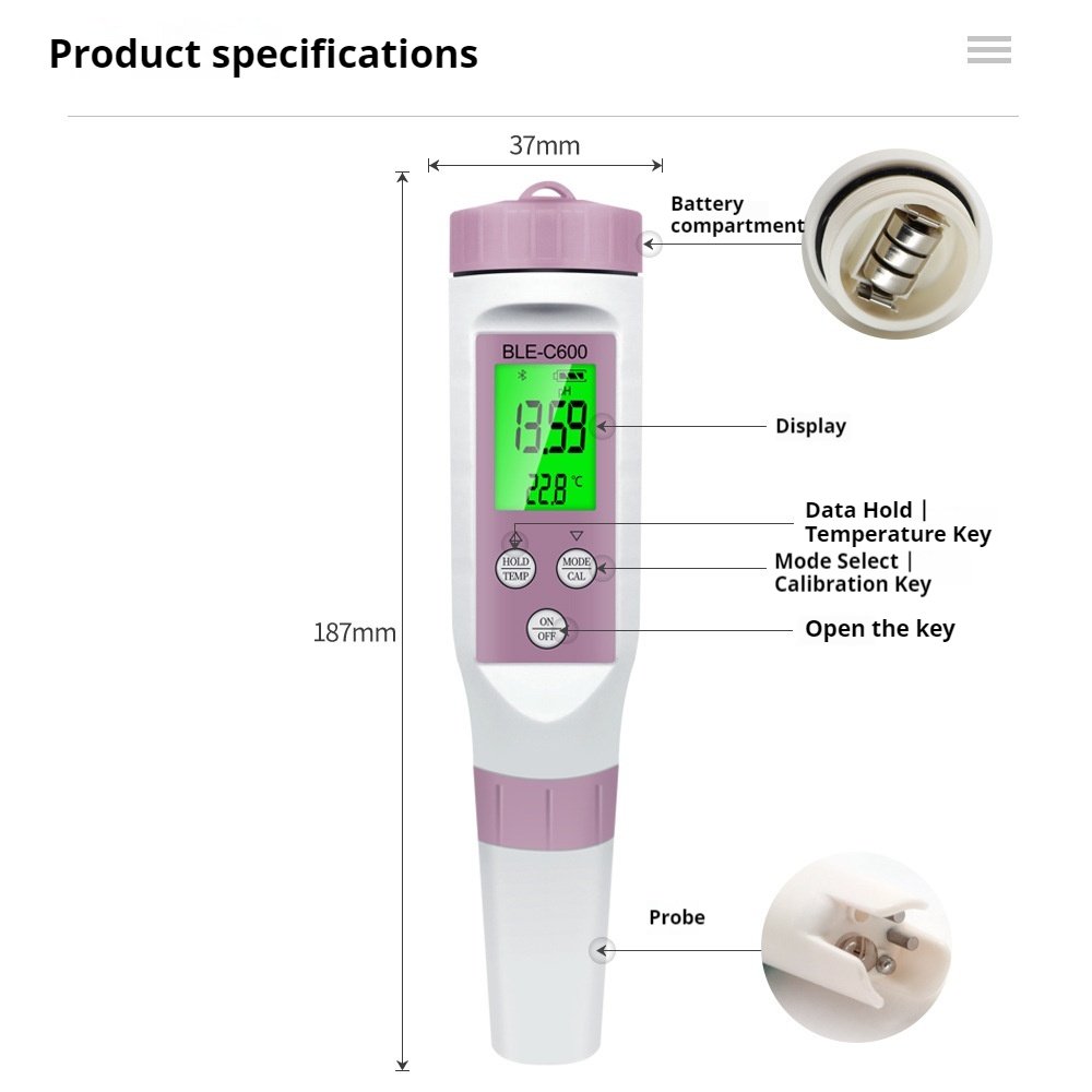Bluetooth 7 in 1 TDS Water Quality Tester with pH EC ORP Temperature and Salinity Measurement