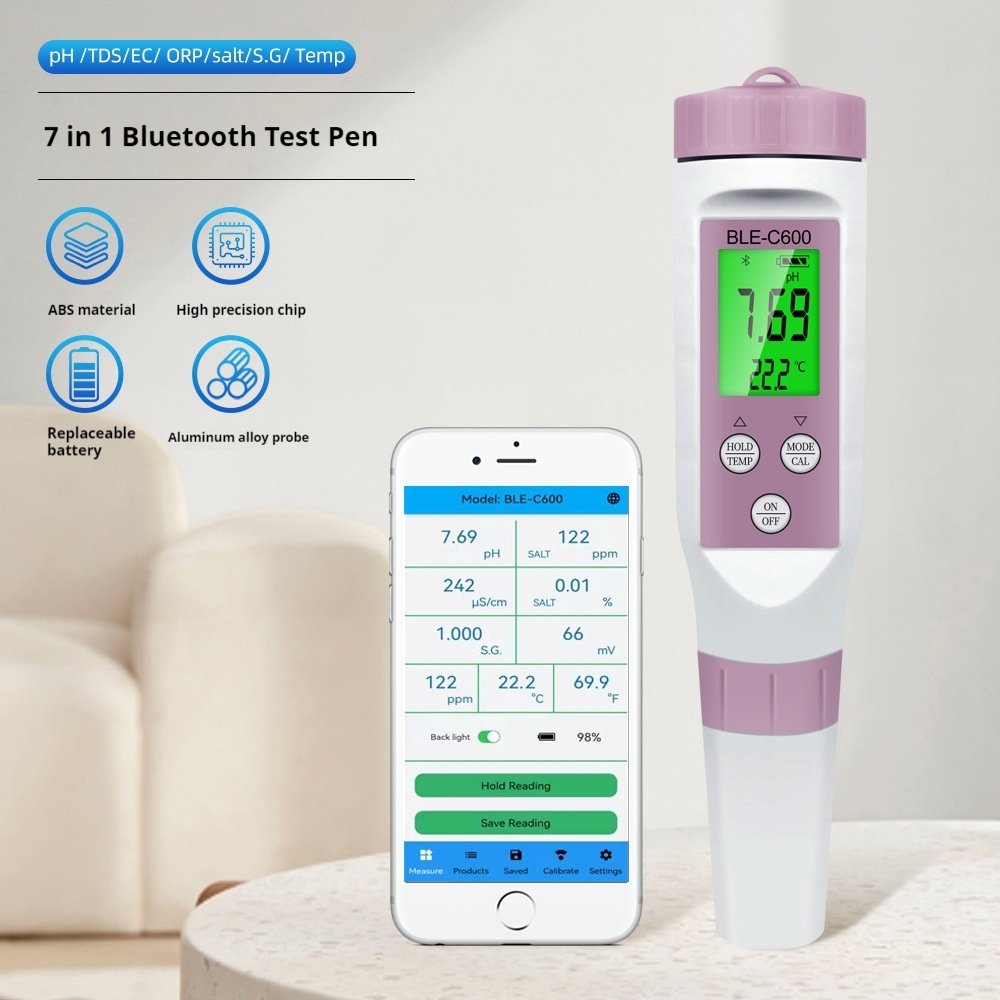 Bluetooth 7 in 1 TDS Water Quality Tester with pH EC ORP Temperature and Salinity Measurement