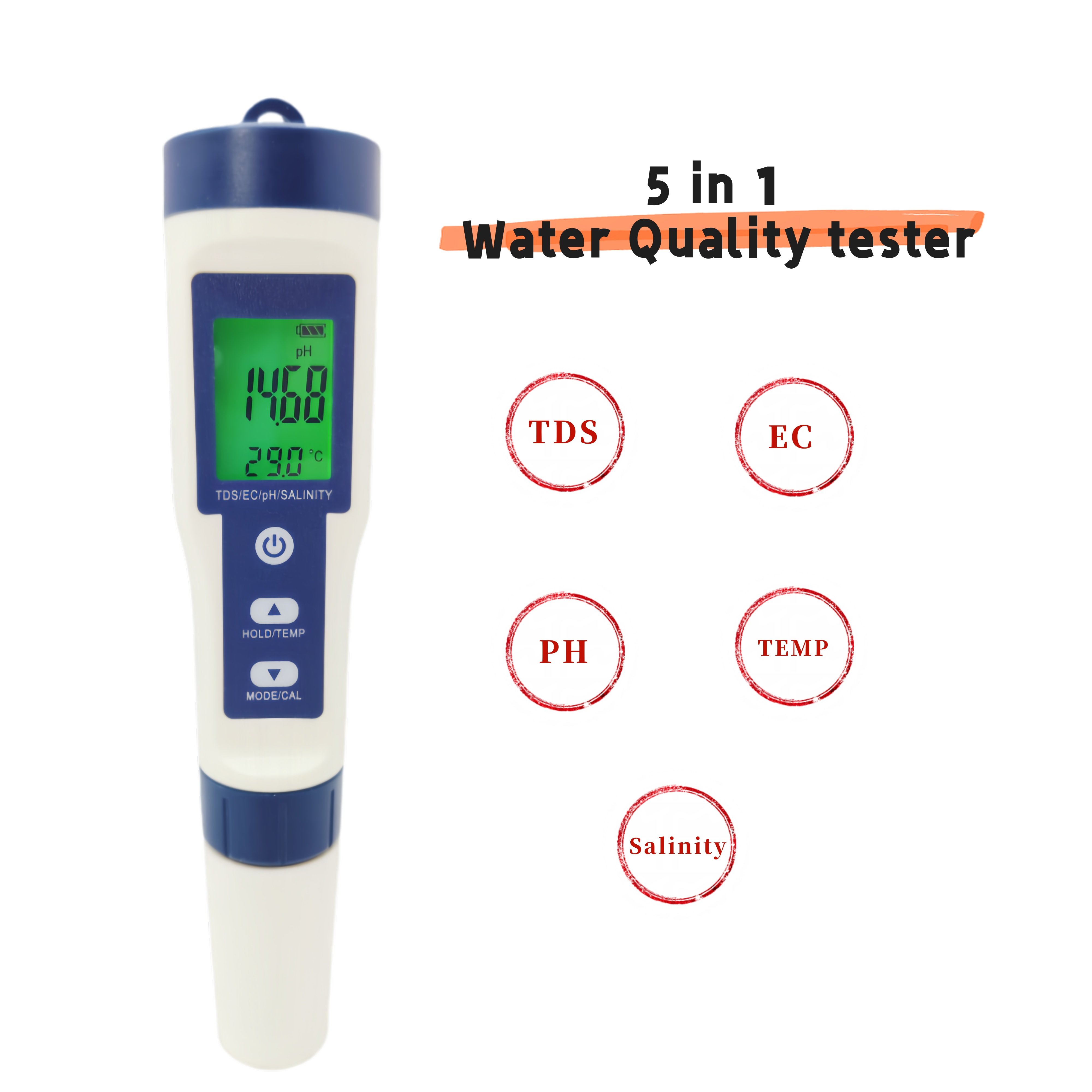 Portable Water Quality Tester Pen 5 in 1 Temp TDS EC pH Salinity Meter Digital Display Water Quality Monitor