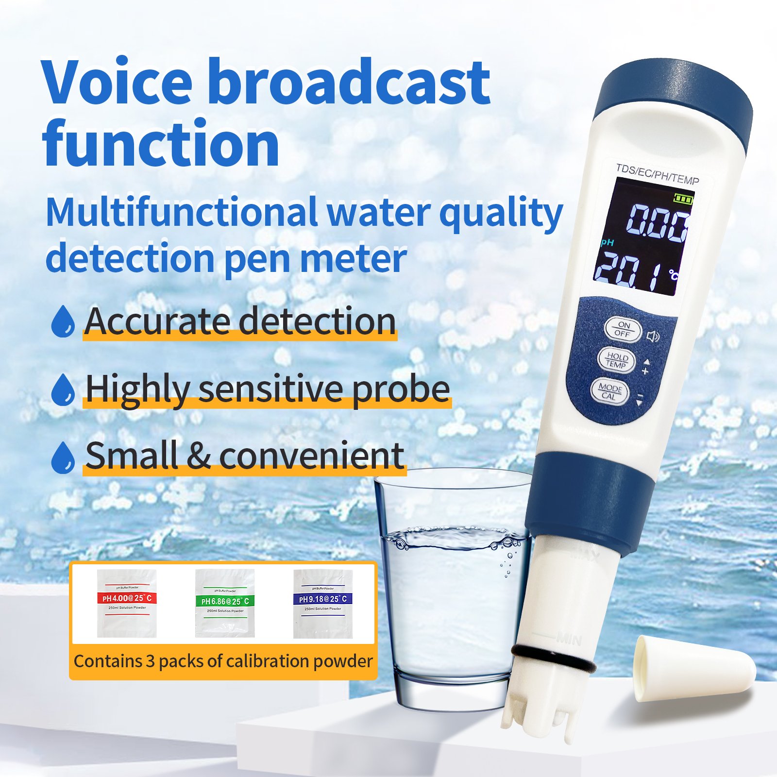 2024 New Arrival voice control 4 in 1 Multifunctional PH TDS EC Temperature Digital Water Quality Meter