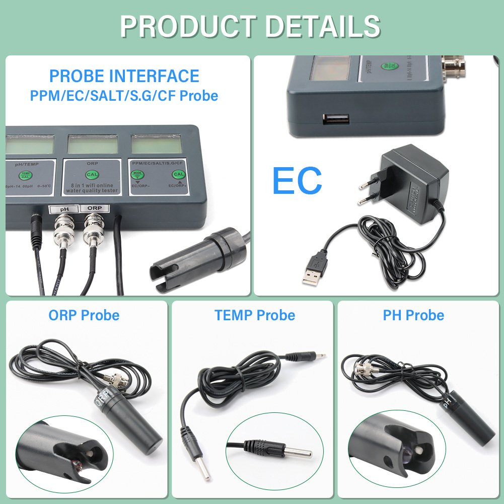 Tuya WiFi 8 in 1 Digital PH/TEMP/ORP/PPM/EC/SALT/S.G/CF online Water Quality Tester PH Test Meter laboratory Pool Water Tester