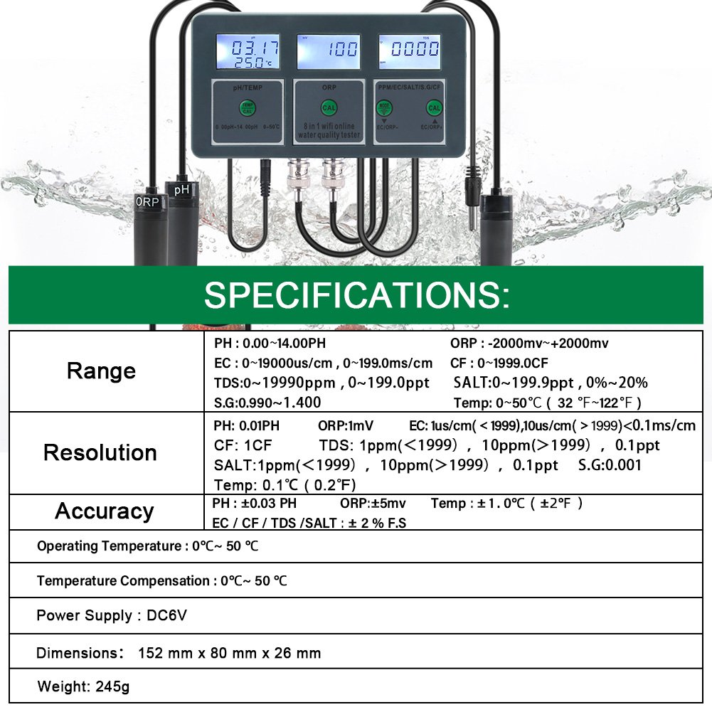 Tuya WiFi 8 in 1 Digital PH/TEMP/ORP/PPM/EC/SALT/S.G/CF online Water Quality Tester PH Test Meter laboratory Pool Water Tester