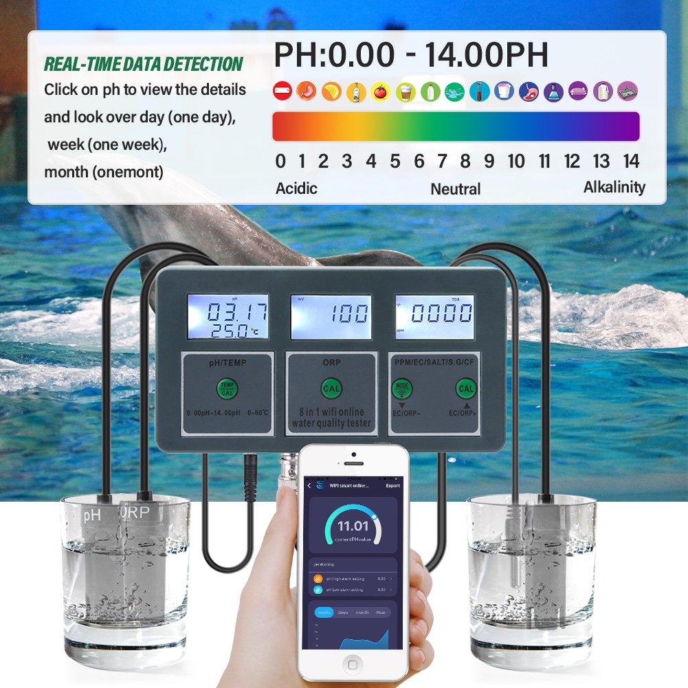 Tuya WiFi 8 in 1 Digital PH/TEMP/ORP/PPM/EC/SALT/S.G/CF online Water Quality Tester PH Test Meter laboratory Pool Water Tester