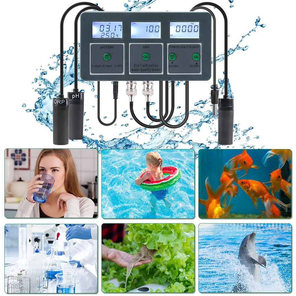 Tuya WiFi 8 in 1 Digital PH/TEMP/ORP/PPM/EC/SALT/S.G/CF online Water Quality Tester PH Test Meter laboratory Pool Water Tester