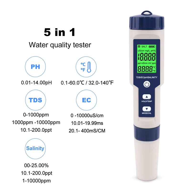 2024 new KRC Hot-selling Digital 5 in 1TDS/EC/PH/salinity Meter for water, swimming pools, multifunctional water quality tester