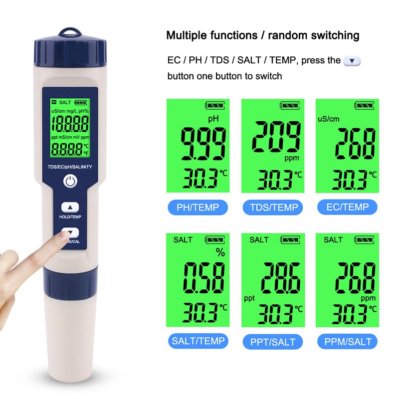 2024 new KRC Hot-selling Digital 5 in 1TDS/EC/PH/salinity Meter for water, swimming pools, multifunctional water quality tester