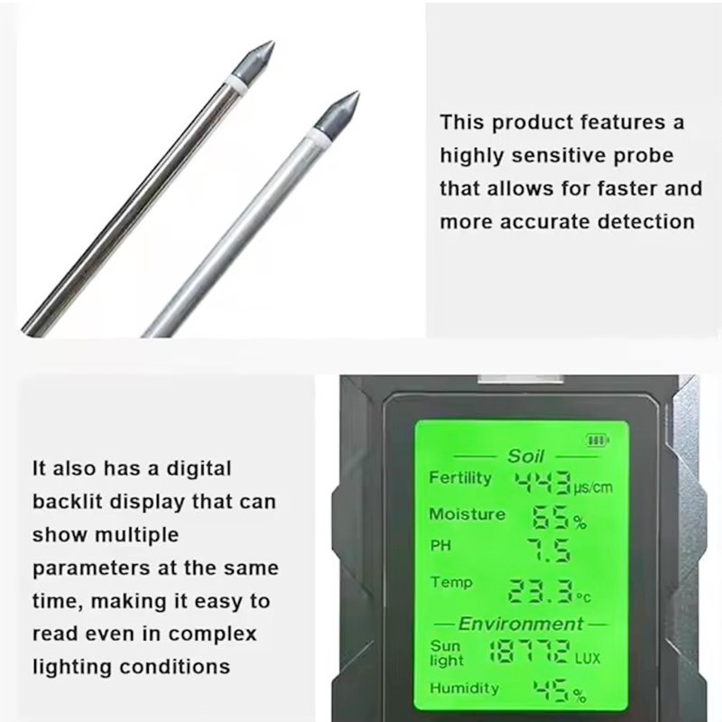 New Smart Probe 6 In 1 Temperature Sunlight Fertility Soil Tester With Backlight Humidity Meter