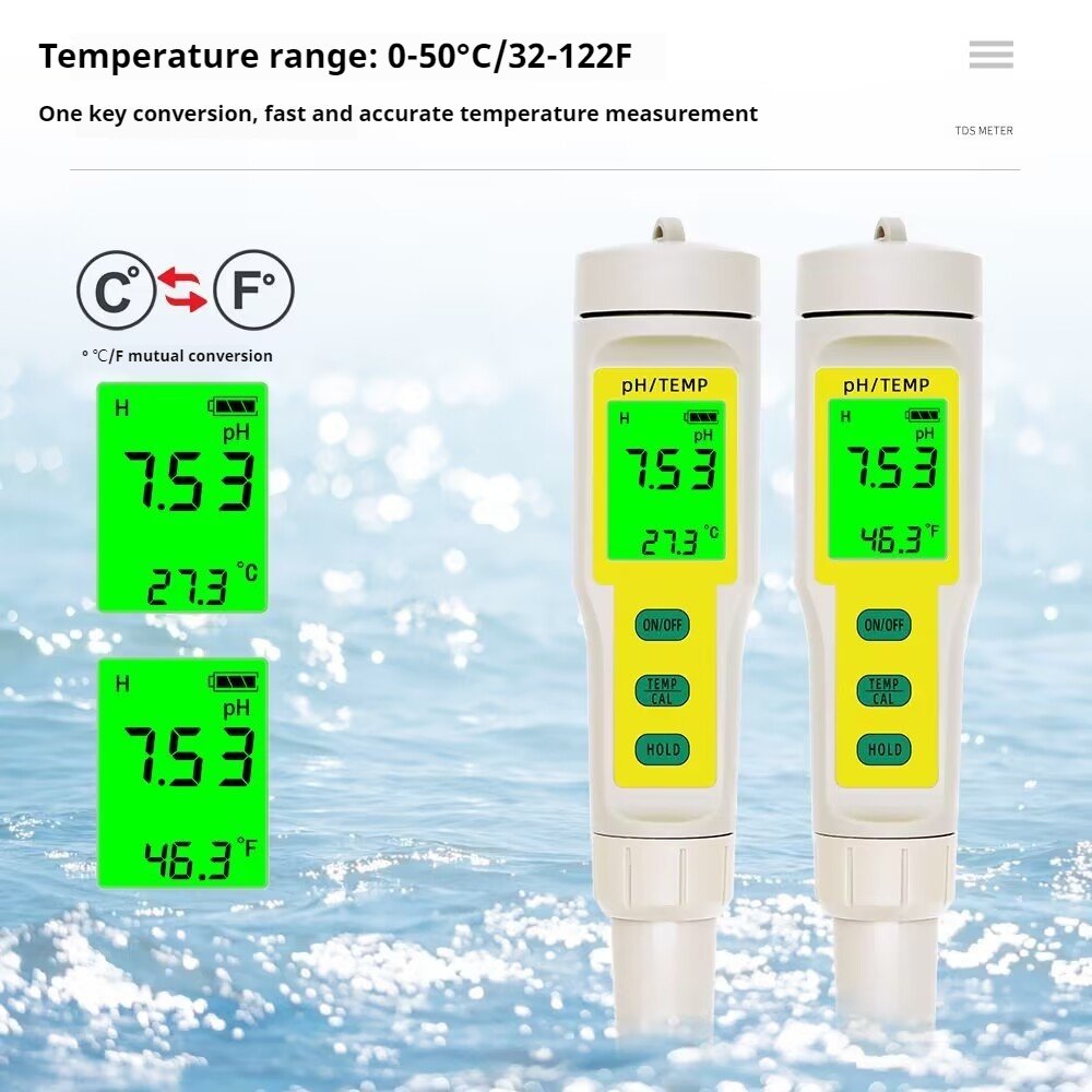 Portable Water Quality Testing Pen pH Meter for Aquariums and Pools with Temperature Measurement