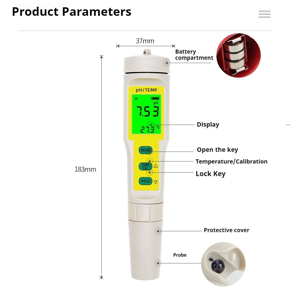 Portable Water Quality Testing Pen pH Meter for Aquariums and Pools with Temperature Measurement