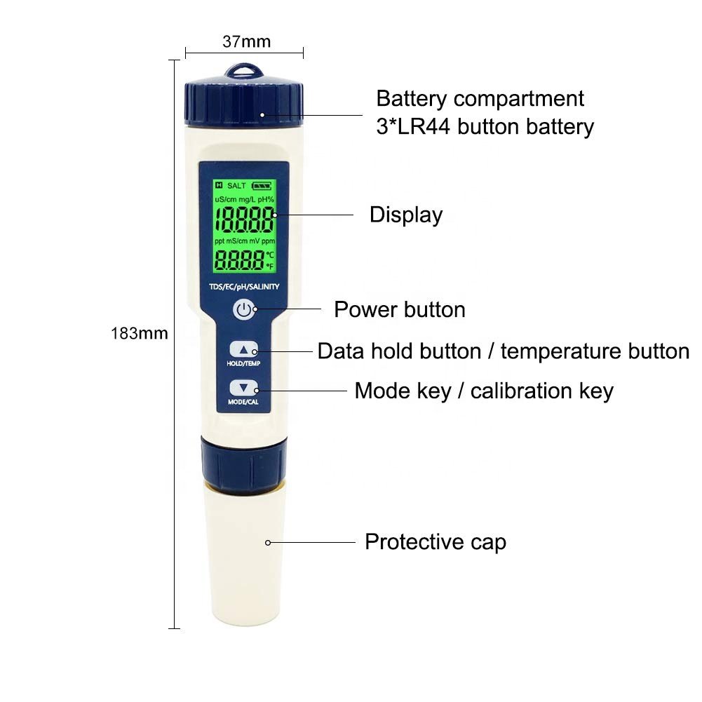 New Style 5 in 1 TDS Meter Digital Water Tester TDS Meter PH EC Tester
