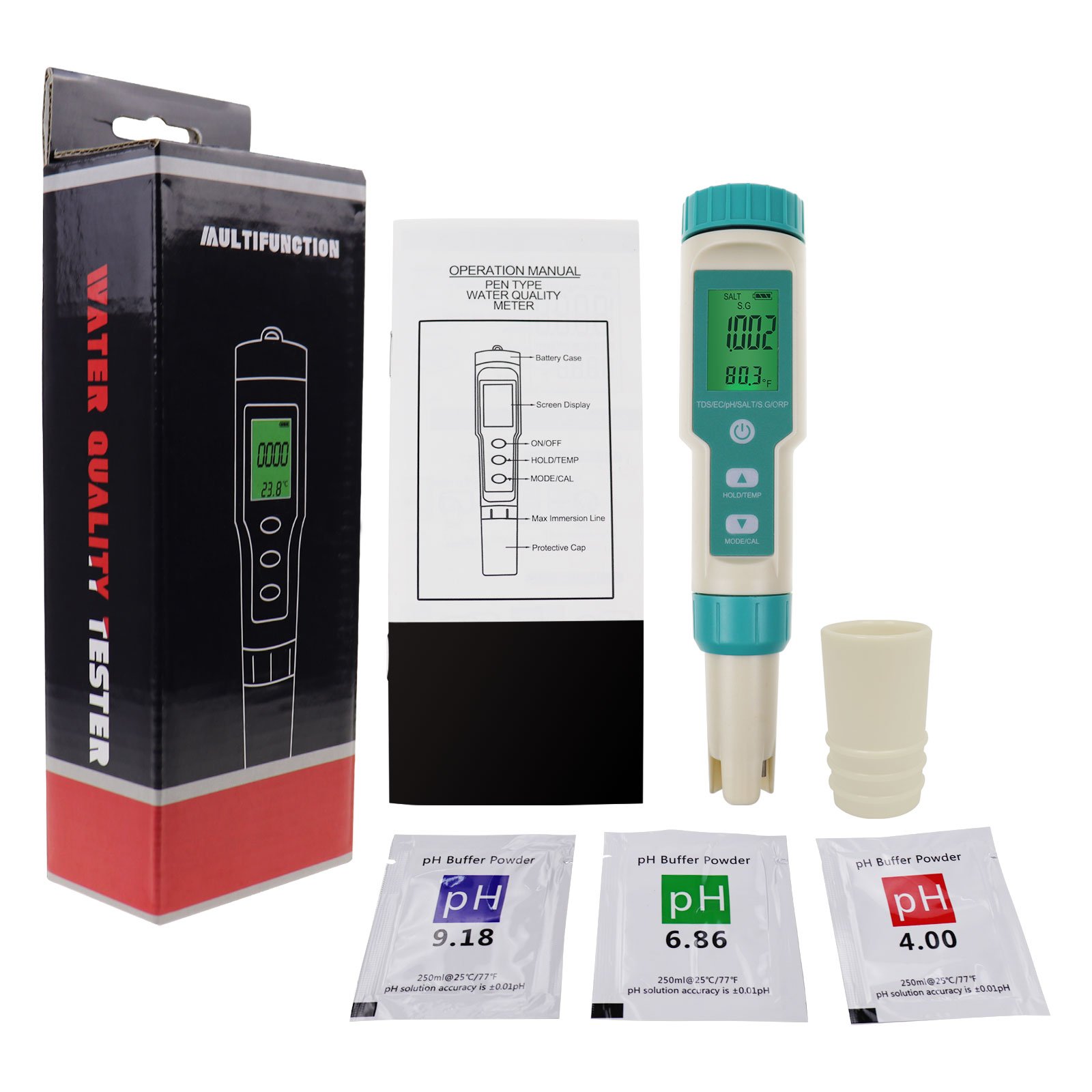 Digital pH Meter 7-in-1 PH / TDS / EC / ORP / Salinity / S.G. / Temperature Pentype Meter for Drinking Water, Aquariums, Pool