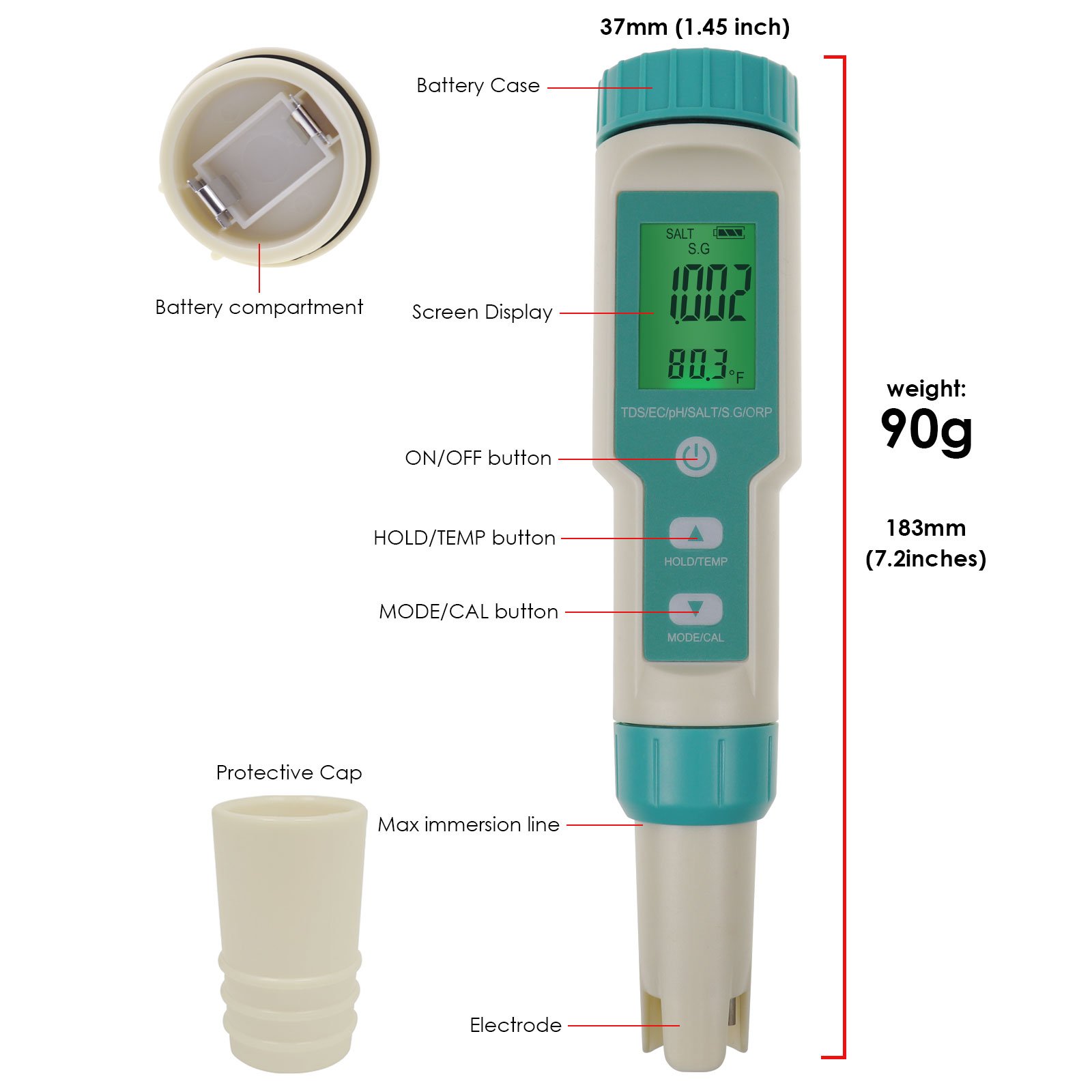 Digital pH Meter 7-in-1 PH / TDS / EC / ORP / Salinity / S.G. / Temperature Pentype Meter for Drinking Water, Aquariums, Pool