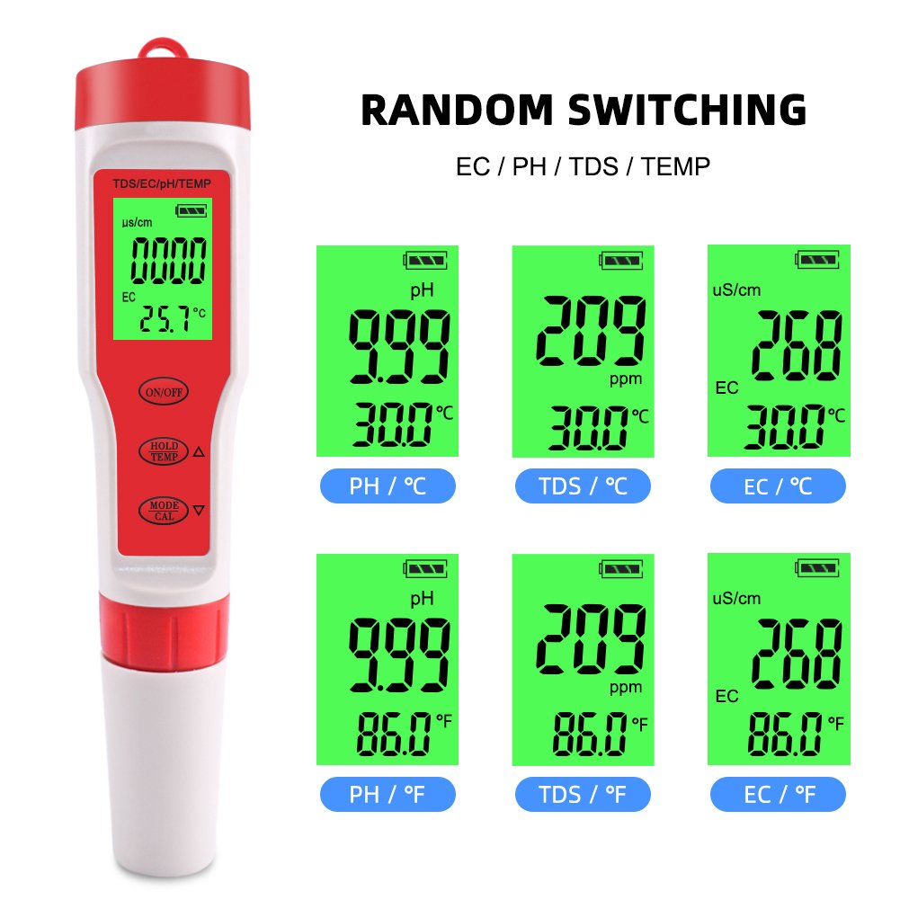 With Backlight Digital Water Tester 4 in 1 Test EC/TDS/PH/TEMP Water Quality Monitor Tester Kit for Pools Drinking Water