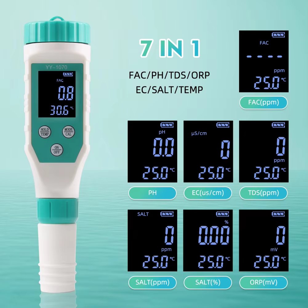 Chlorine Tester ORP/EC/TDS/Salinity/Temp/FAC 7 in 1 PH Meter For Swimming Pool Aquarium Hydroponic Spa