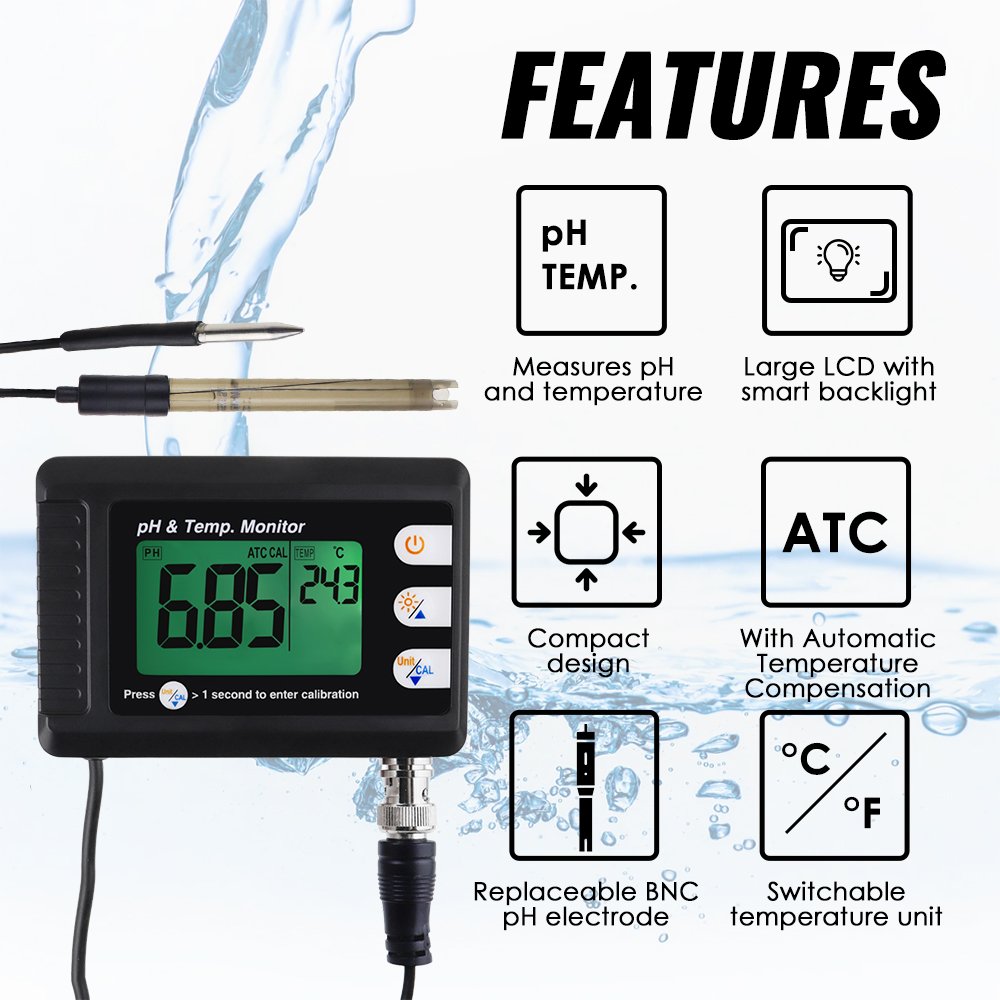 2 in 1 PH & Temperature Continuous Monitor PH Meter w/ Backlight Dual Display For Fish Tank PH Monitor(OEM Packaging Available)