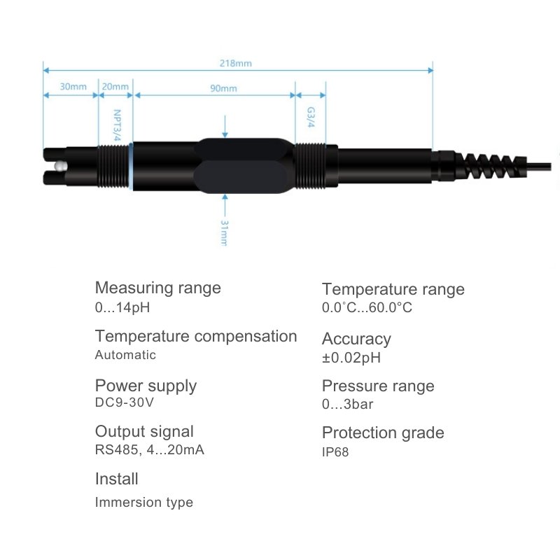 Continuously Monitoring pH Probe RS485 Plastic pH Electrode Water pH Sensor 4-20ma for Aquarium Sewage Waste water