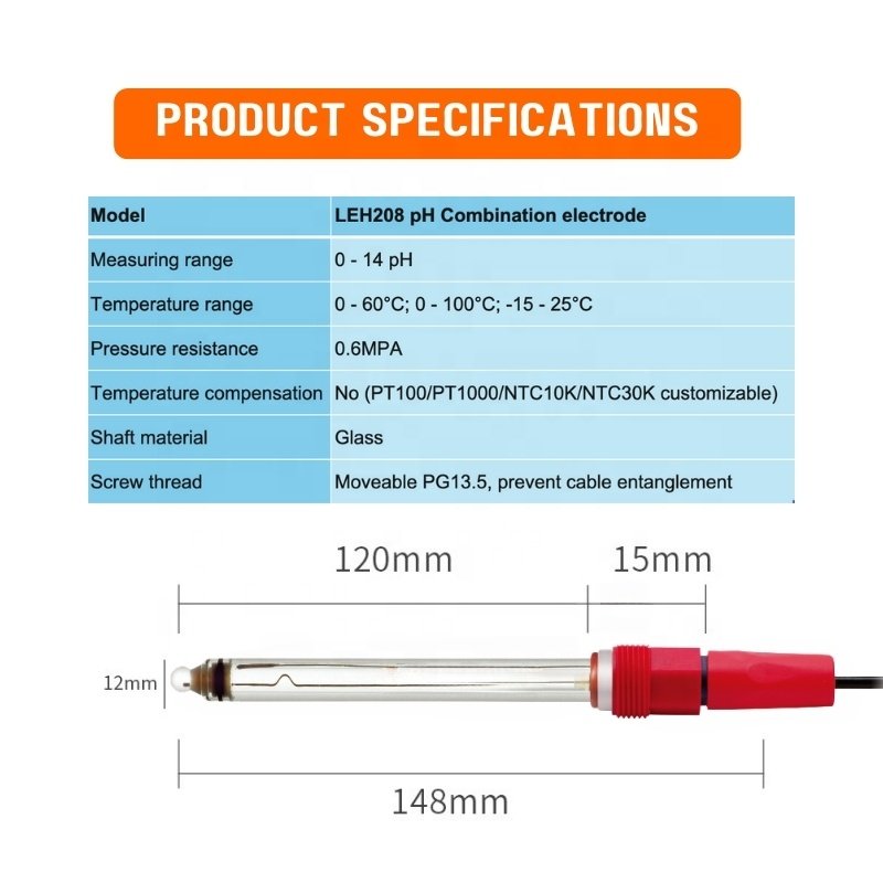 High Quality Industrial Glass Body pH Combination Electrode PG13.5 Thread pH Sensor For Chemical Process Sewage Water