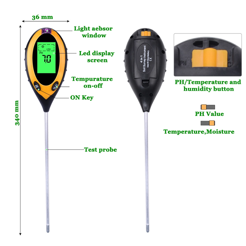 4 in 1 Digital Soil PH Meter With Backlight Soil Moisture Light Temperature Meter Soil PH Tester for Garden Farm