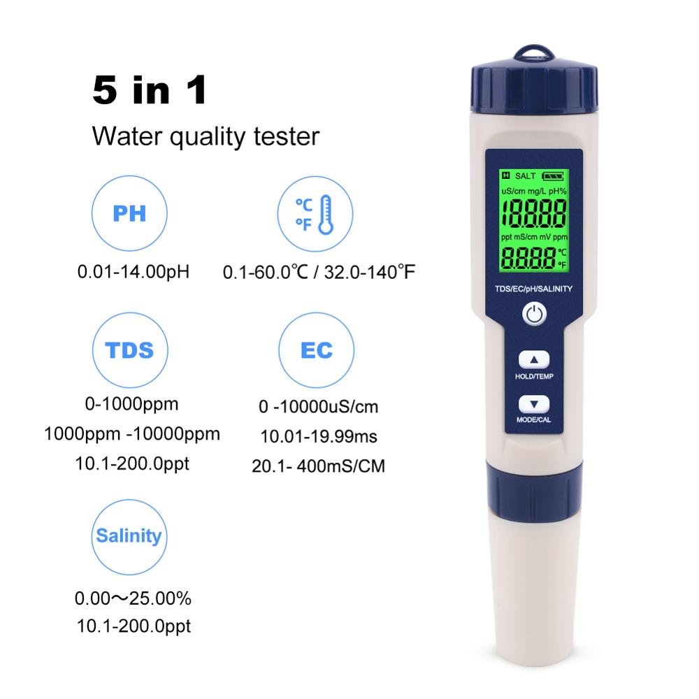 Manufacturer Direct Water Test 5 in 1 Digital tester for TDS/EC/PH/Salinity/Temperature Meter