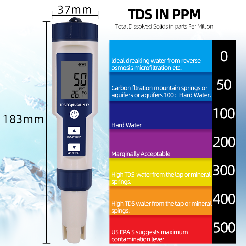 Manufacturer Direct Water Test 5 in 1 Digital tester for TDS/EC/PH/Salinity/Temperature Meter