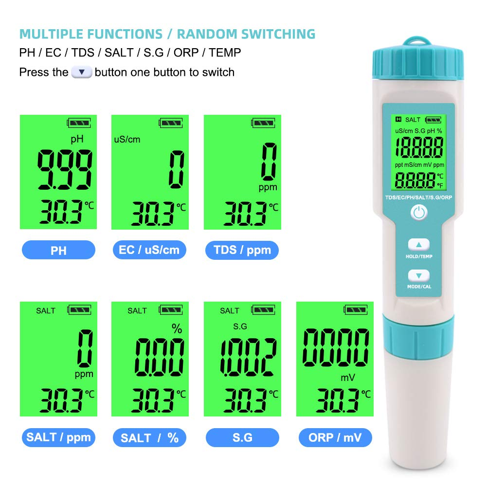 7-in-1 Industrial Multi-Functional PH Meter Pen Foreign Water Quality Tester for ORP/EC/TDS Salinity & PH