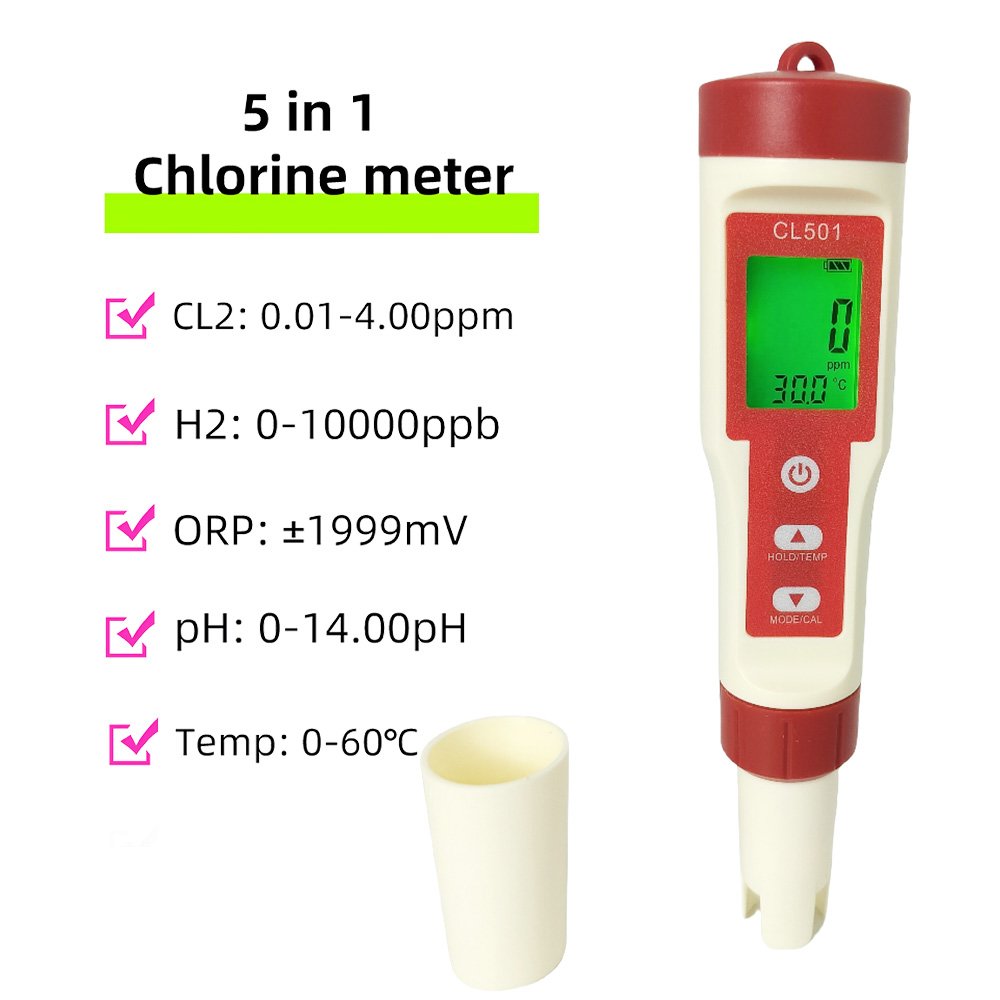 Residual Chlorine Monitor Portable 5 in 1 Free Chlorine Meter Swimming Pool Tester Pen TEMP CL2 H2 ORP Ph Meter