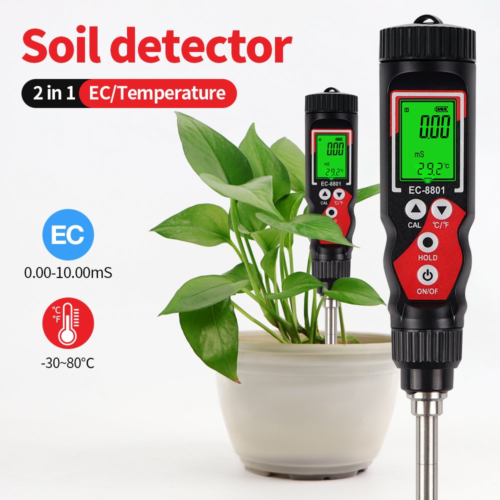 High Precision 2 In 1 Soil Tester 0.00-10.00mS/cm EC/TEMP Meter LCD Digital Soil Detector ATC Temp Detection for Garden Farm