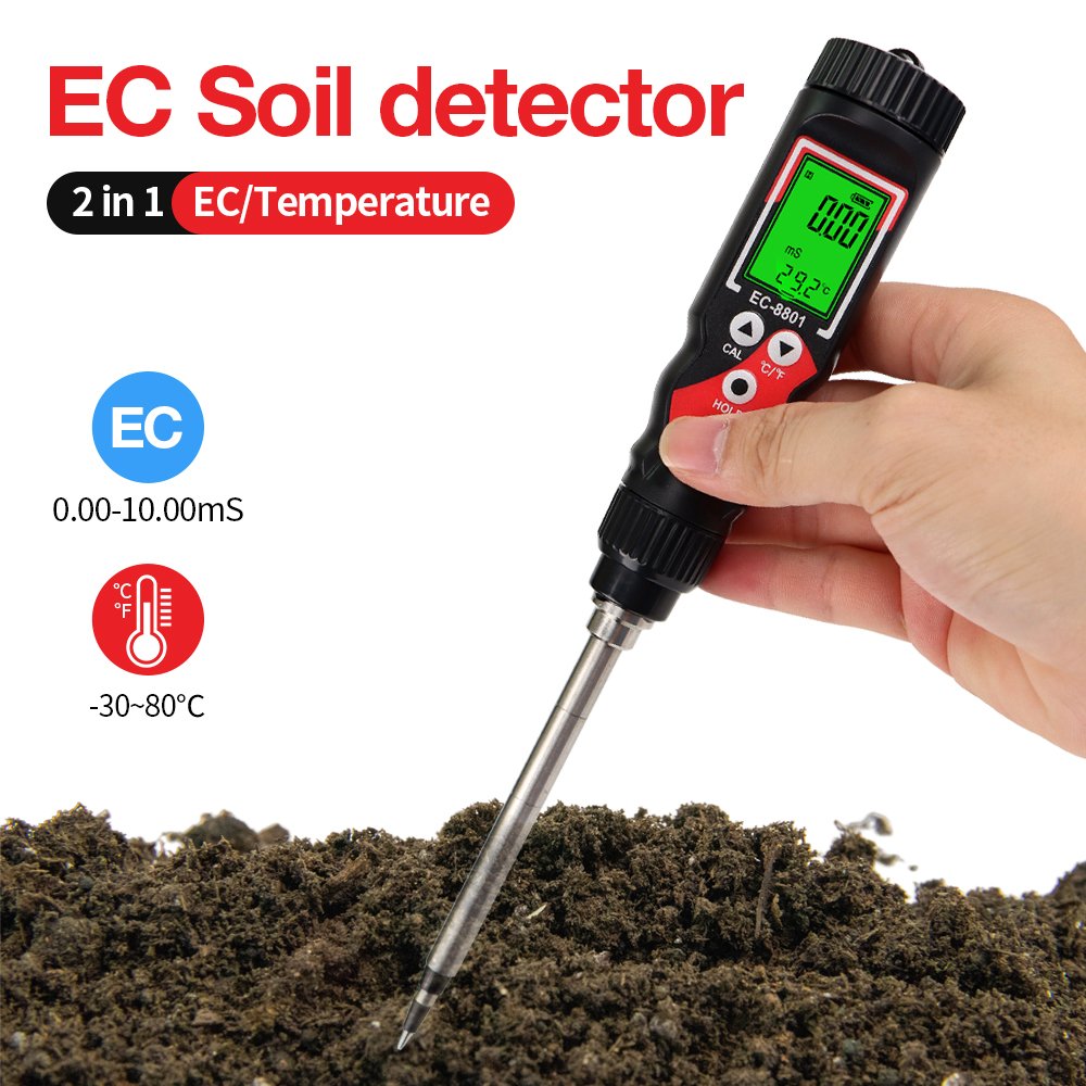 High Precision 2 In 1 Soil Tester 0.00-10.00mS/cm EC/TEMP Meter LCD Digital Soil Detector ATC Temp Detection for Garden Farm
