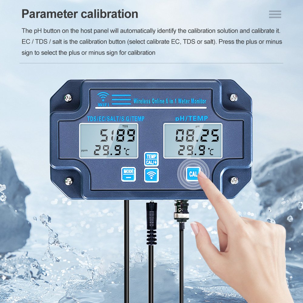 Smart Wifi Online Water Quality Detector 6 IN 1 TDS EC PH Salinity G.S Temperature Tester PH Meter for Swimming Pool