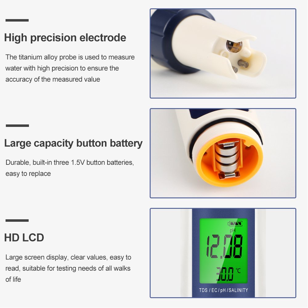 Digital TDS Ph Meters Pen Type Water Quality Tester 5 In 1 Temperature Salinity EC TDS Ph Meter For Aquariums