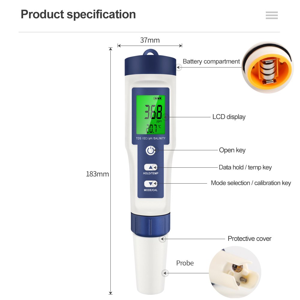 Digital TDS Ph Meters Pen Type Water Quality Tester 5 In 1 Temperature Salinity EC TDS Ph Meter For Aquariums