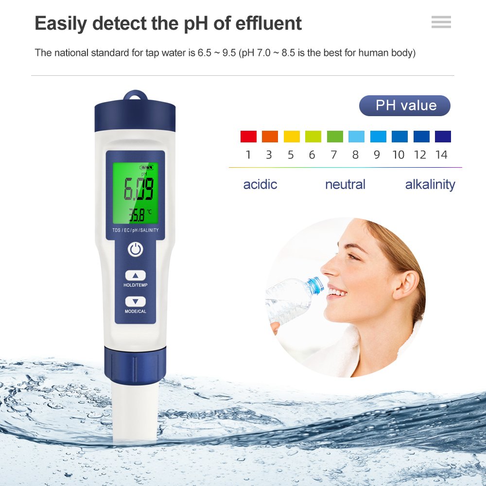 Digital TDS Ph Meters Pen Type Water Quality Tester 5 In 1 Temperature Salinity EC TDS Ph Meter For Aquariums