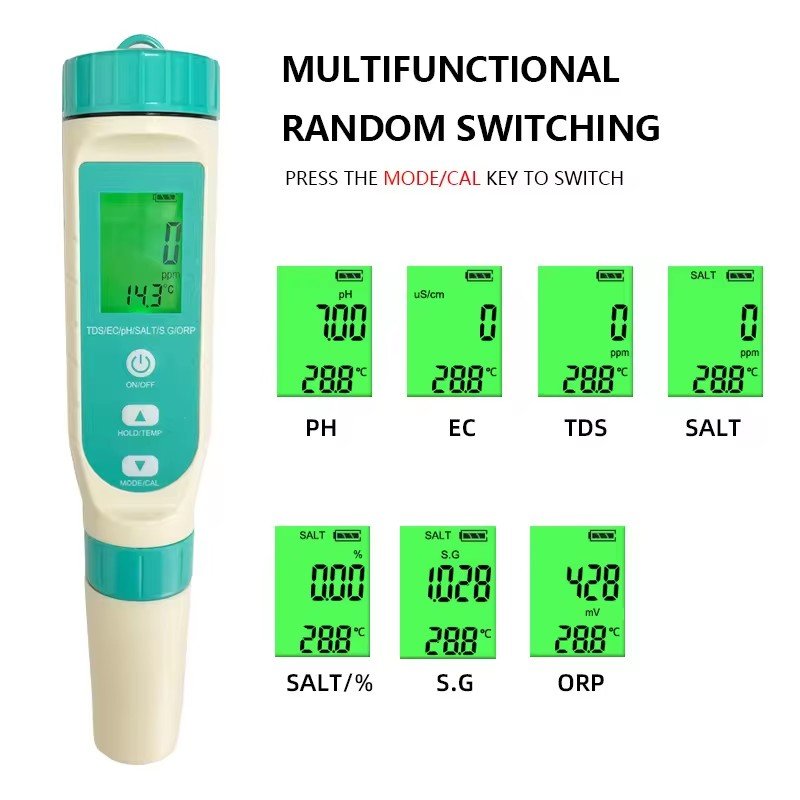 High Quality Digital 7 in 1 Multifunctional Conductivity Ph TDS ECTEMP SALT Meter Salinity Water Quality Tester