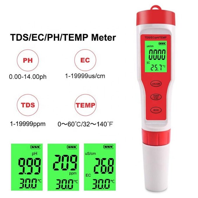 4 in 1 PH/TDS/EC/Temperature Meter Digital Water Quality Monitor Tester for Pools Drinking Water Aquariums