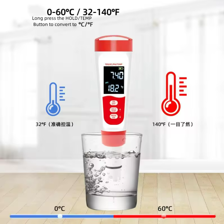 4 in 1 Temperature Conductivity TDS EC & PH Tester Pen Type Meter for Drinking Water with Mesh Upper Material