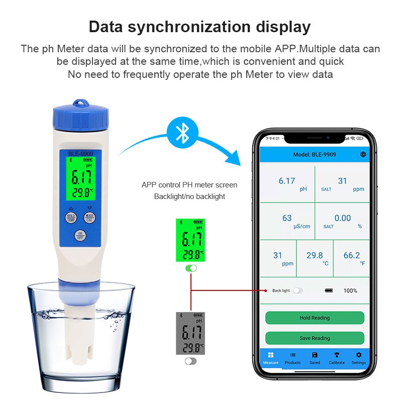 BLE-9909 Digital Tds Ph Meters Pen Type Water Quality Tester 5 In 1 Temperature Salinity Ec Tds Ph Meter For Aquariums