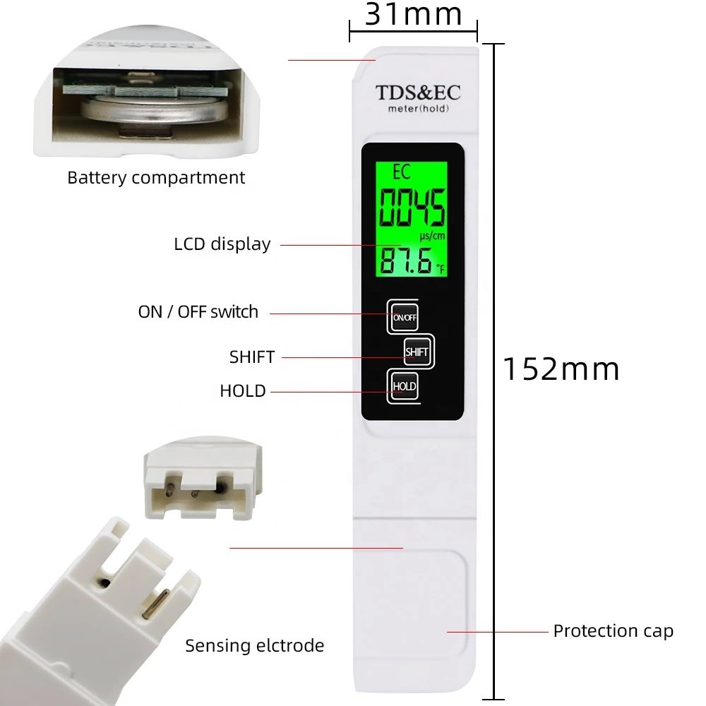 3 In 1 Multifunctional TDS EC PPM Water Quality Meter Tester Pen LCD Display 0-5000ppm TDS&EC Tester Pen TEMP PPM Tester