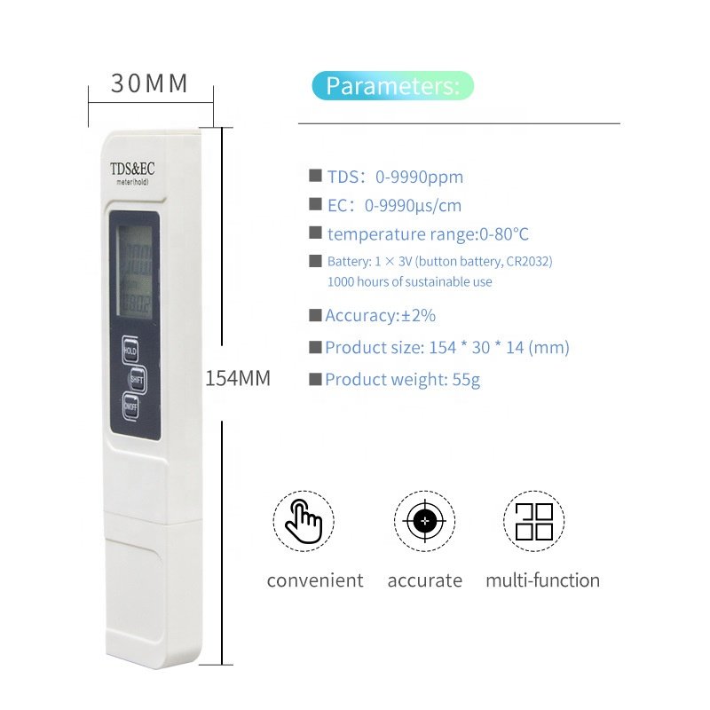 3 In 1 Multifunctional TDS EC PPM Water Quality Meter Tester Pen LCD Display 0-5000ppm TDS&EC Tester Pen TEMP PPM Tester