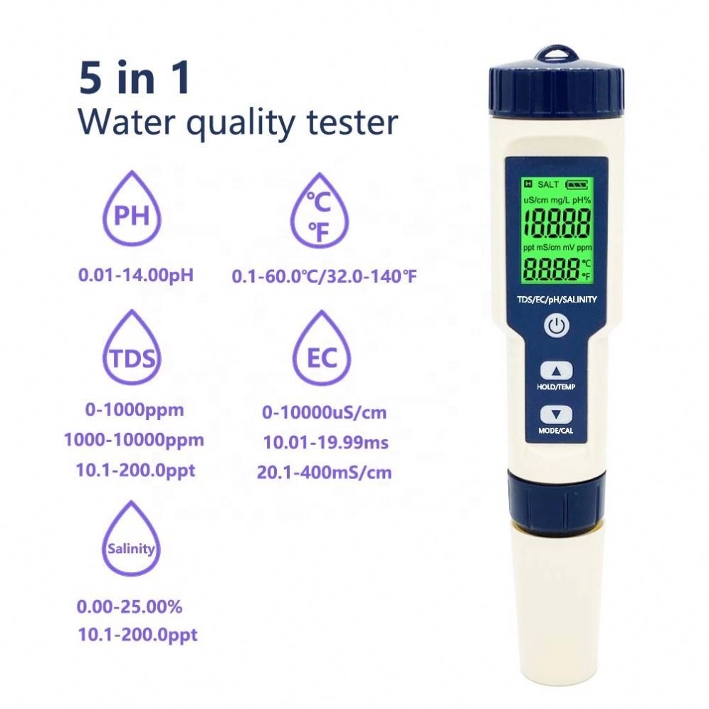 High Quality Portable 5 in 1Multi-parameter Monitor Pen Type Ph Meter pH/ec/tds/salt/temp Water Quality Tester