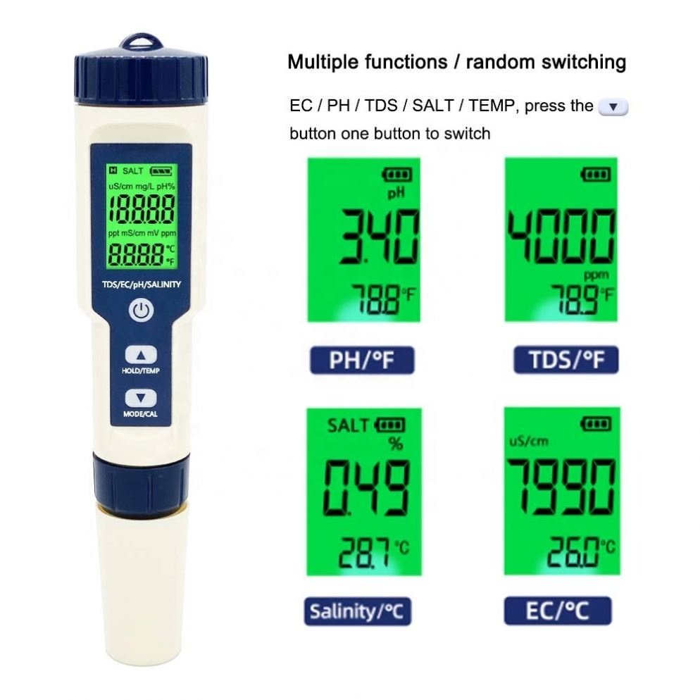 High Quality Portable 5 in 1Multi-parameter Monitor Pen Type Ph Meter pH/ec/tds/salt/temp Water Quality Tester